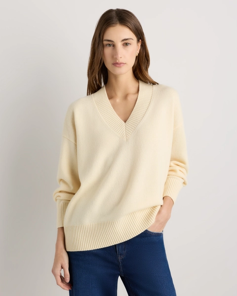 Mongolian Cashmere Oversized V-Neck Sweater	 in Ivory