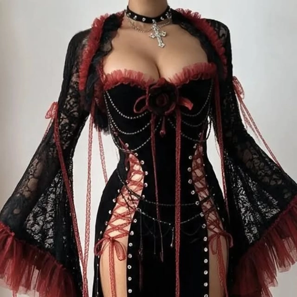 MUDSWEET on Instagram: "Embrace your inner vampire queen with dramatic dark lace and deep crimson details. ๐ฉธ๐ค
Long sleeve flower applique lace up shrug slit maxi dress
#mudsweet #mudsweetfashio #gothcore #darkromance"