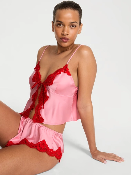 Satin Lace-Trim Flyaway Cami & Flutter Shorts Set