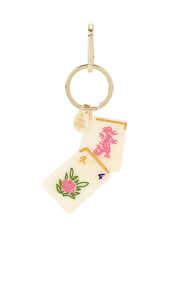 Solar Eclipse Hand-Painted Flower Mahjong Bag Charm & Keychain in Beige.
