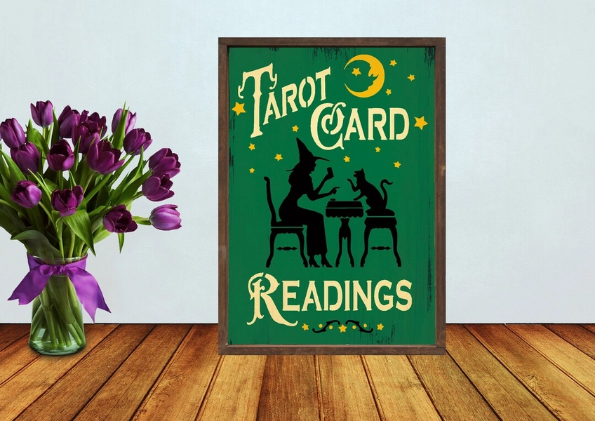 Tarot Card Readings Cute Cat and Witch Halloween Tavern Style Distressed Sign Printed on Wood - 5 Different Colors - FREE SHIPPING - 2295 - Etsy