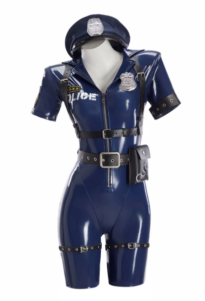 Female Police Officer Cosplay Costume Navy Blue Bodysuit with Hat and Belt