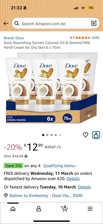 Dove Nourishing Secrets Handcrème met kokosolie en amandelmelk voor de droge huid, 6 x 75 ml : Amazon.com.be: Beauty en persoonlijke verzorging