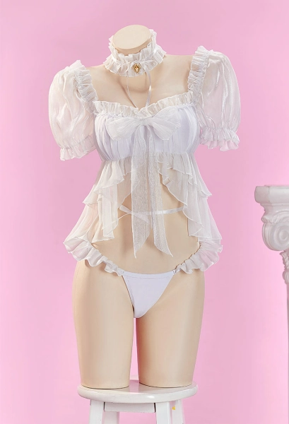 Goddess of Victory: Nikke Dorothy Serendipity Skin Cosplay Two-piece Swimsuit Ruffled Top and Briefs with Headpiece and Neckpiece