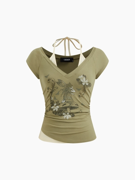 Cotton-blend Halter Neckline Graphic Two Tone Ruched Top