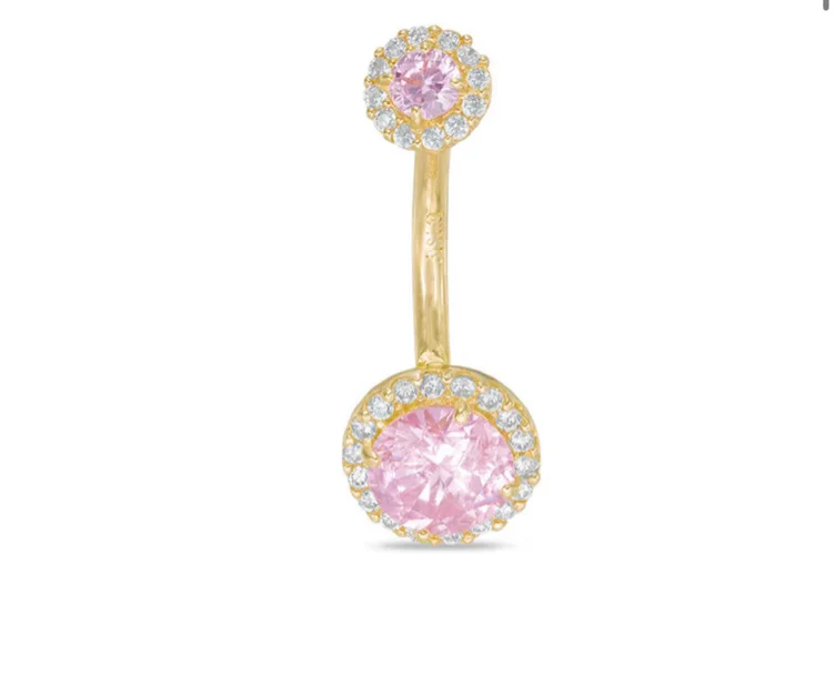 10K Solid Gold Pink and White CZ Frame Belly Button Ring - 14G 3/8" | Banter