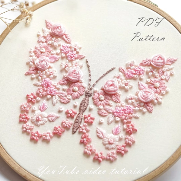 Butterfly Embroidery Pattern: Pink Floral Design, Beginner DIY (PDF Pattern + Video Tutorial) - Etsy