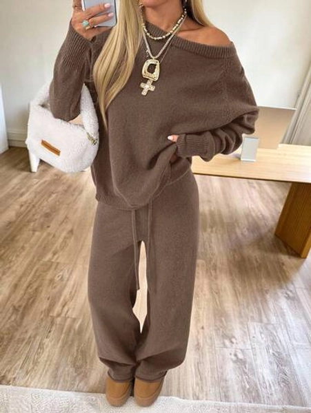 Shoulder Loose Knit Sweater And Pants Set