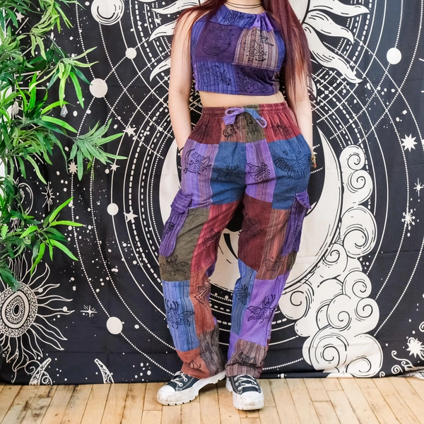 Patchwork Cotton Cargo Pants, Gothic Patch Unisex Hippie Pants, Handmade Block Print Baggy Trousers, Patch Plus Size Inclusive, Earthy Color