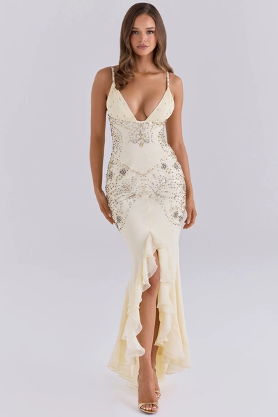 Elyse Pearl Deep V Satin + Chiffon Embellished Maxi Dress - Limited Edition
