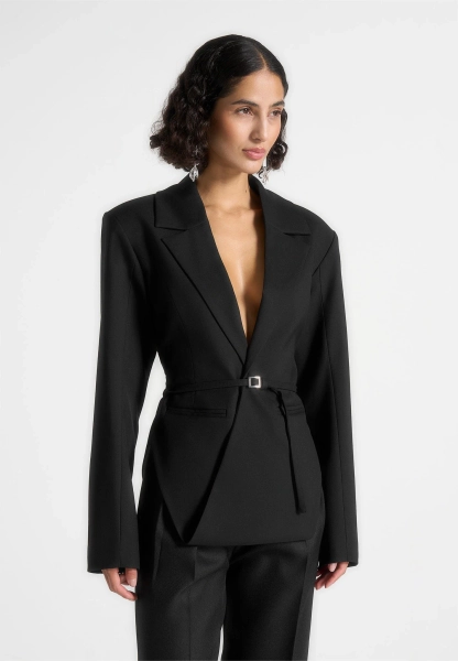 Yuna - Blazer mit tiefem Ausschnitt und Gürtel – Schwarz