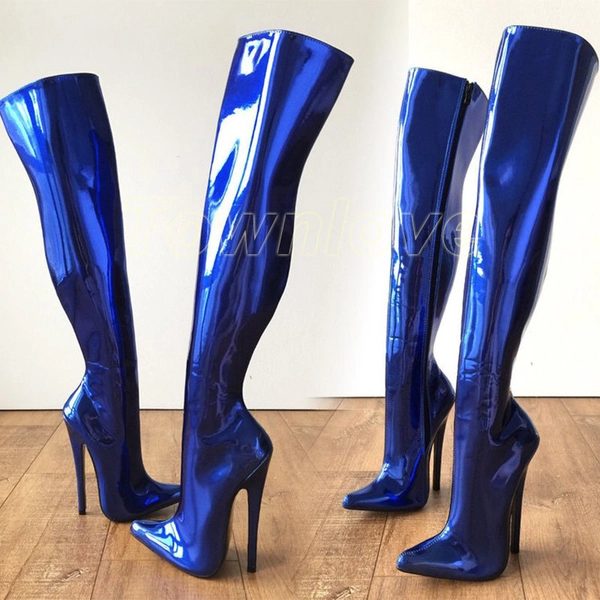Dámské sexy modré boty přes kolena špičaté prsty jehlové boty vysoké podpatky stehenní boty