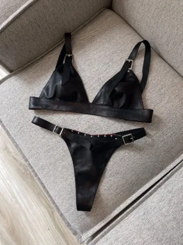 Black Genuine Leather Lingerie Set, Handmade