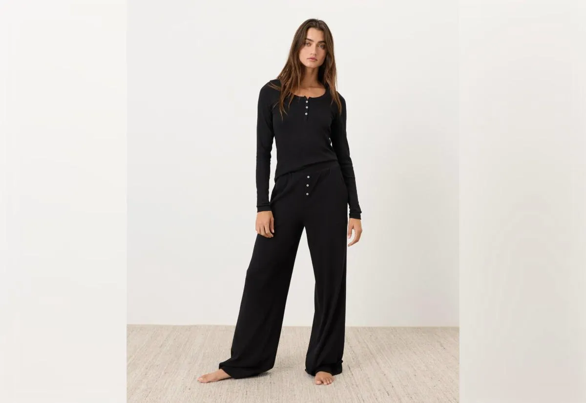 Pact Organic Dream Rib Sleep Set, Black, Size M