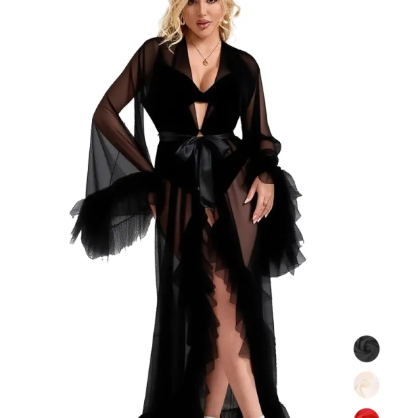 Plus Size Women's Long Tulle Lace Nightgown Robe with V-Neck and Satin Belt