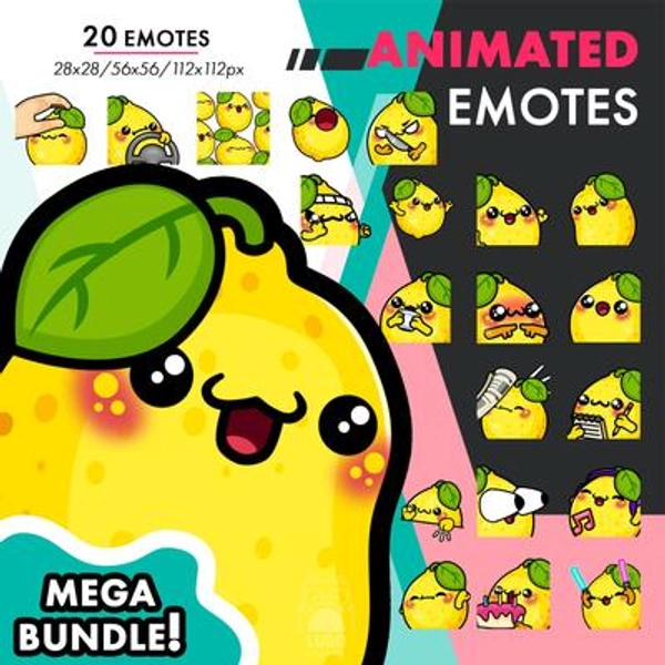 Mega Animated Lemon Emotes Pack, 20 Cute Food POP, Raid, Dance Emote Set For Twitch Streamers