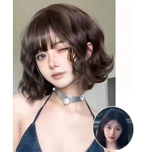 Bruine korte nette pony wollen krullende synthetische pruik |   mode pure vrouwelijke sterstijl pruik - AliExpress 