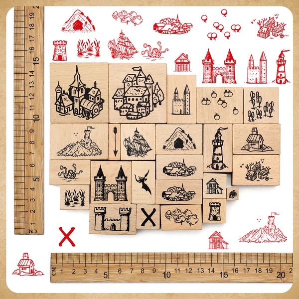 24pcs Map Stamps Combo Map Making Rubber Stamp Kit Compass Outdoor Scenery Stamps for Adventures, Storytelling, and Creative Projects (Building)