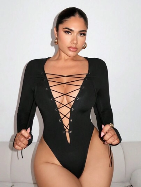 VaVaBold Women's Long Sleeve Deep V-Neck Criss-Cross Lace-Up Front Bodysuit Fall Cloth For Women