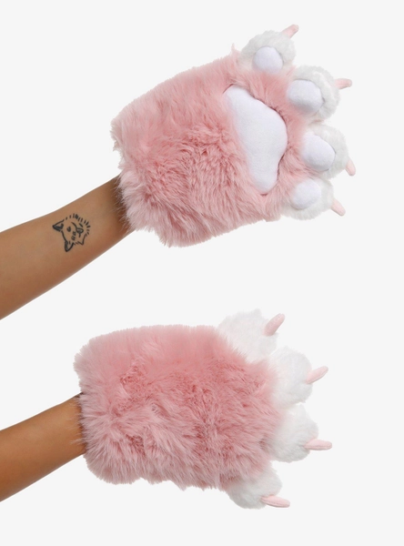 Pink & White Fuzzy Cat Paw Gloves
