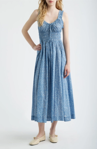 Ditsy Floral Organic Cotton Smocked Midi Dress