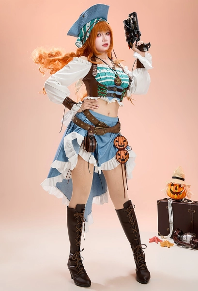OP Nami Cosplay Costume Halloween Pirate Costume Top and Skirt with Hat