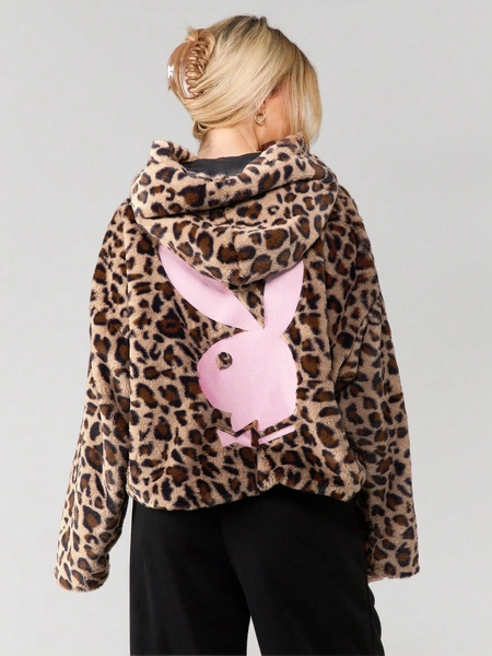 Missguided x Playboy Oversized Hooded Leopard Faux Fur Coat