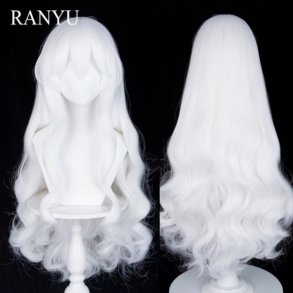 White Long Wavy Anime Game Cosplay Synthetic Wigs with Bangs Fluffy Heat Resistant Wig for Daily Party