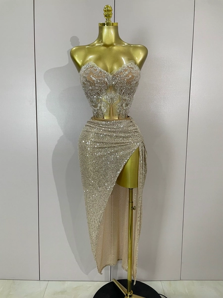 Conjunto de dos piezas sin tirantes para mujer, traje Sexy sin tirantes con cuentas de lentejuelas brillantes, fiesta en club nocturno, vestido de cumpleaños de lujo, disfraz de escenario