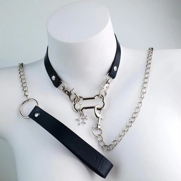 Dog Bone and Star Black Leather Collar | Adjustable Chain Choker - Punk Necklace | Gift for Her | Cosplay & Everyday Accessory