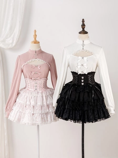 [$37.00]Jirai Kei Lace-Up High Waist Skirt with Heart Buttons
