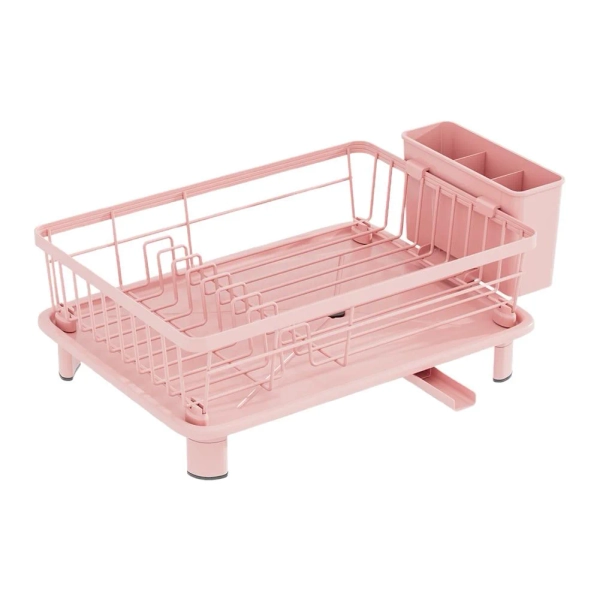 Pink Dish Drying Rack, Dish Drainer Rack with Drip Tray, Sink Dish Drainer with Drainage Spout, Stainless Steel Dish Drying Rack with Cups, for Mom Grandma Wife Kitchen Enthusiasts