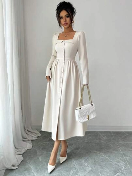 Elenzga Women's Elegant French Romantic Turndown Collar Button Waist A-Line Long Sleeve Dress, Suitable For Spring, Summer, And Autumn Office/Commuting Wear