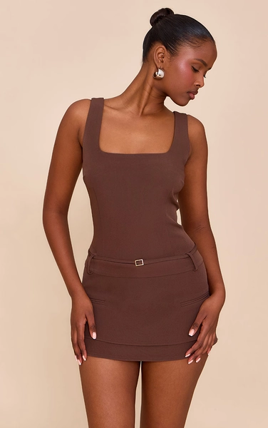Chocolate Woven Belt Detail Skort Playsuit