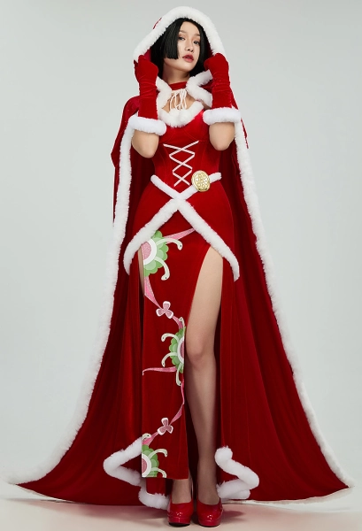Snake Princess Christmas Style Velvet Dress Set High Slit Dress with Cape and Gloves