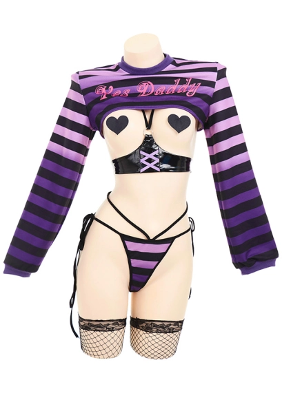 SUGAR BABY Yes Daddy Halloween Gothic Sexy Lingerie Set Striped Short Top and Panty Set with Fishnet Stockings and Corset