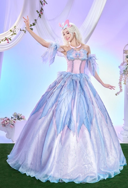 Swan Lake Odette Gown Cosplay Costume Princess Dress with Sleeves and Necklace