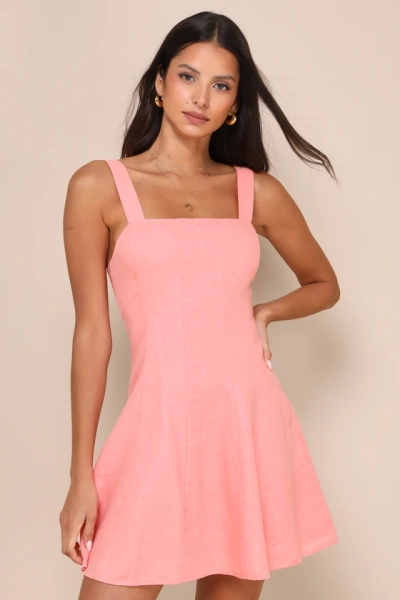 Sweet Coral Pink Linen Mini Dress