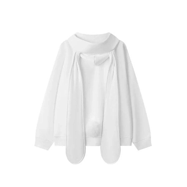 Kawaii Long Bunny Ears Pure Color Zipper Hooded Sweatshirt
