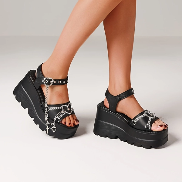 Women' Punk Gothic Y2K Platform Sandals - High Block Wedge Heel, Buckle Strap & Metal Chain Accent - Open Toe Chunky Heel Summer Shoes Suitable for Concerts, Festivals, Night Out - Microfiber Upper & Sole, Women Shoes