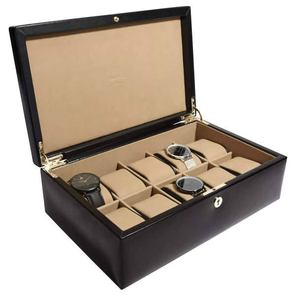Dulwich Designs Windsor Leather 10 Piece Watch Box, Black