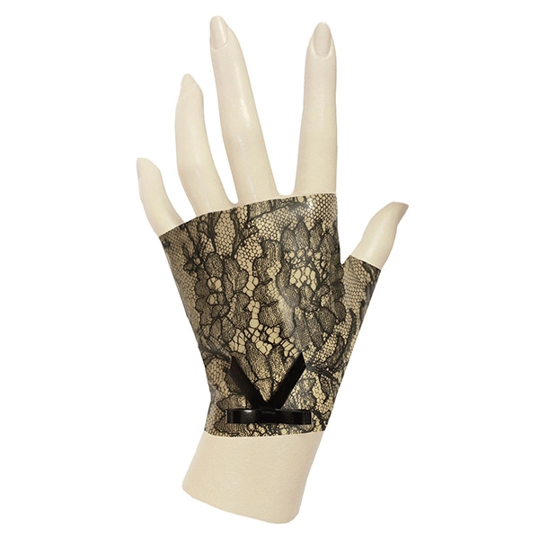 Latex Knuckle Gloves w/ bow in semi-trans cloud lace/supatex black