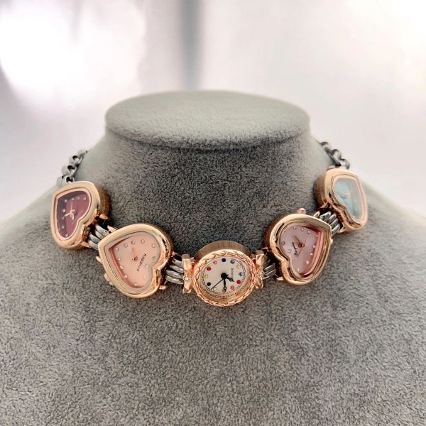 5 Pink Heart Watch Necklace, Silver Chain Gold Watch Choker, Steampunk Chunky Necklace for Women, Y2K Style Necklace, Birthday Gift for Her