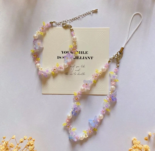 Handmade Pearl Beaded Phone Charm Strap: Butterfly Flower Chain - Etsy Australia