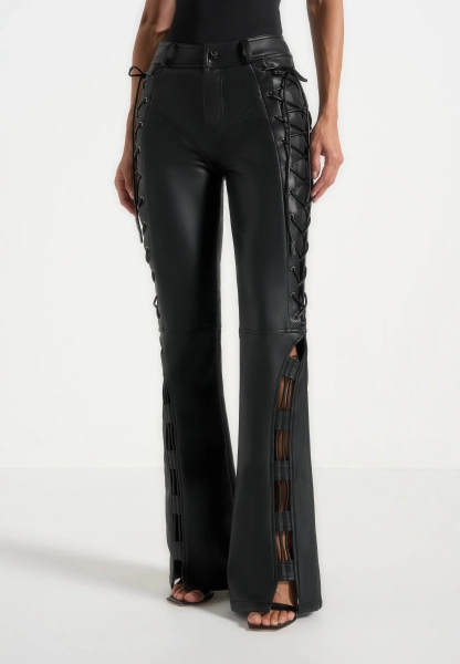 Ambre - Lederen flared broek met vetersluiting - Zwart