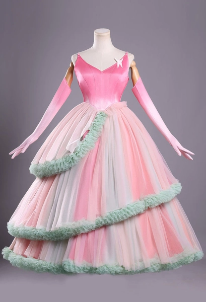 Wicked Glinda Cosplay Costume Pink and Green Tulle Dress with Gloves and Petticoat