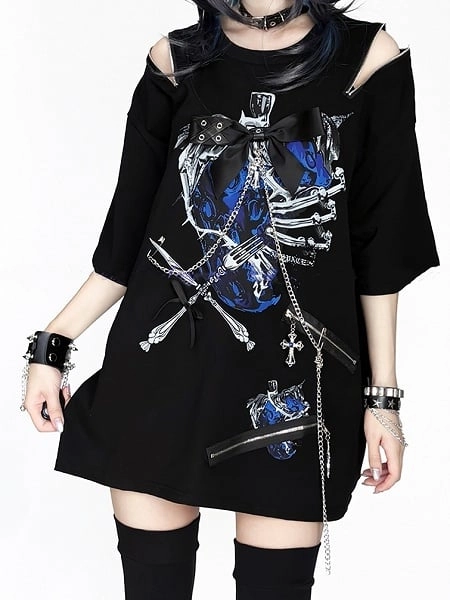 [$33.00]Convertible Zip-Shoulder T-shirt:Strawberryand Rib Printwith Decorative Hardwarein Black&White/Black&Blue