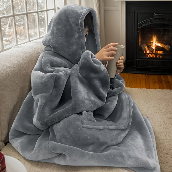 1pc Reversible Fleece Hooded Blanket - Soft Velvet, Knitted Polyester, Machine Washable, Cozy Wearable Throw for Sofa, Bed, and Holiday Gifts