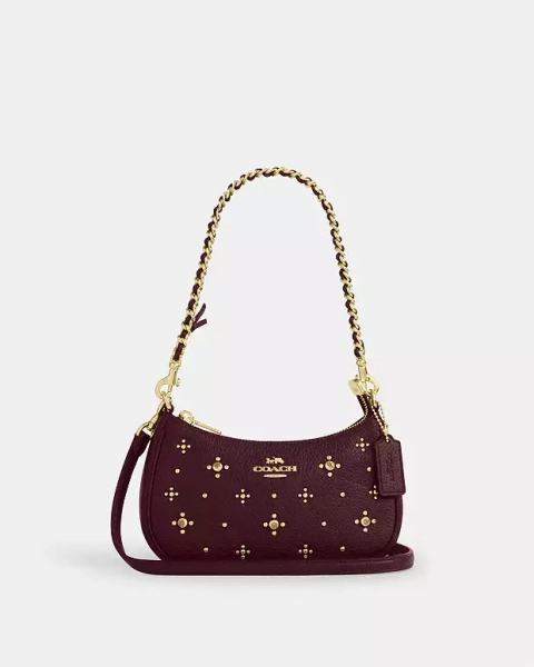 Gold/Dark Wine Teri Mini Crossbody Bag With Crystals