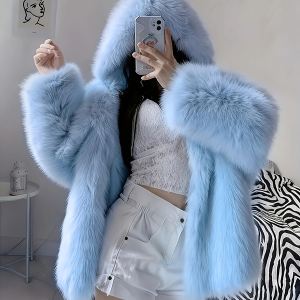 Women' Winter Elegant Faux Jacket - Thick Warm Hooded Short with Hooded Collar & Door Frame, Machine Washable Suitable for Weather, Solid Color Outerwear for Fall and Winter, New Arrival Faux Outerwear
